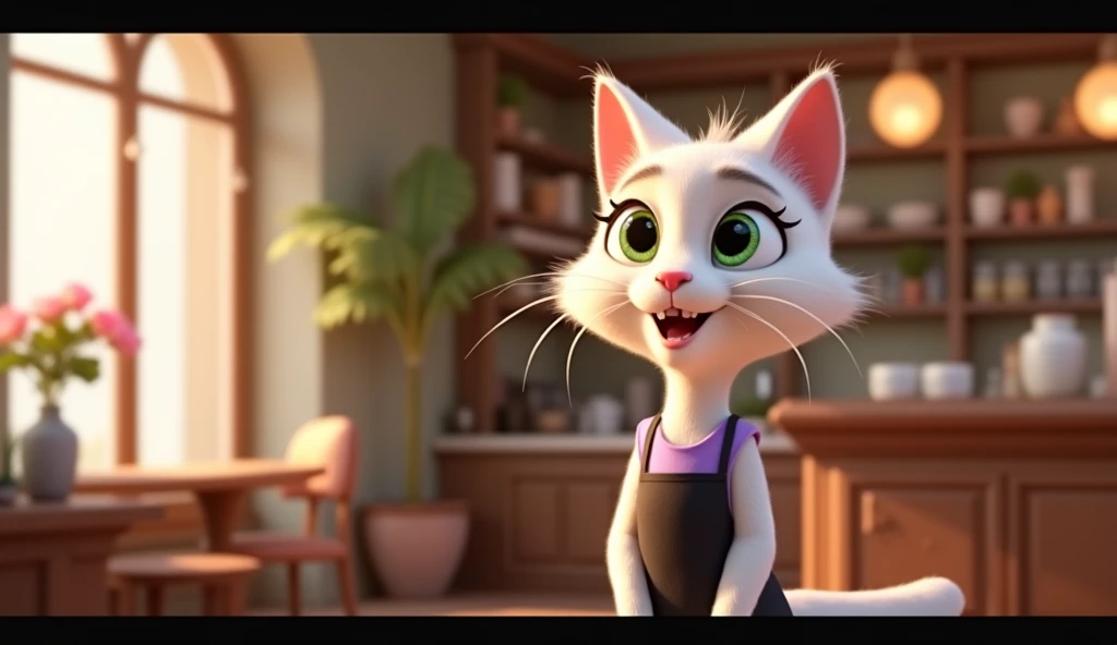 A white anthropomorphic cat named Bella, with an elegant and feminine demeanor, in a 3D cartoon style inspired by Pixar. Bella has bright green eyes, elegant white fur. She is impeccably dressed in a simple lilac dress and a black apron. Bella is pictured ...