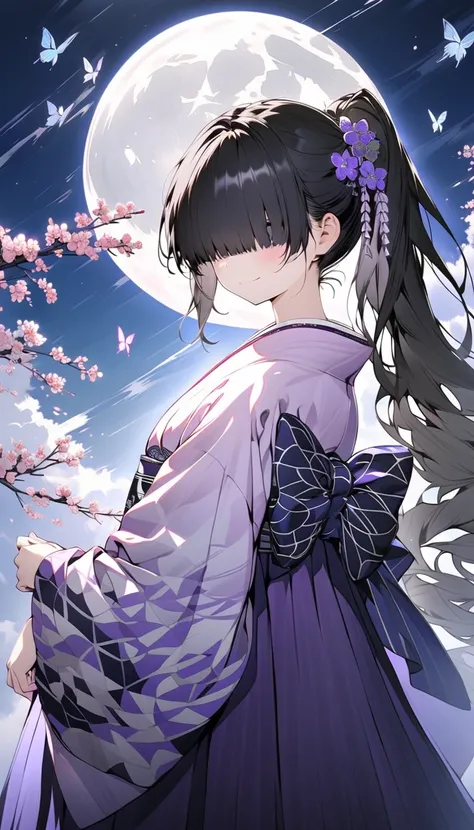 1girl, solo, 18 years old, looking at viewer, smile, closed mouth, black hair, ponytail, long hair, long sleeves, full moon, flower, japanese clothes, wide sleeves, kimono, (hair over eyes:1.5), sky, butterfly, hakama skirt, egasumi, yagasuri, purple hakam...