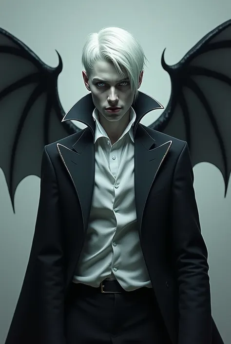 Realistic image of a vampire with

Light gray skin 
Short white hair
Blue eyes
Bat wings
Elegant clothes