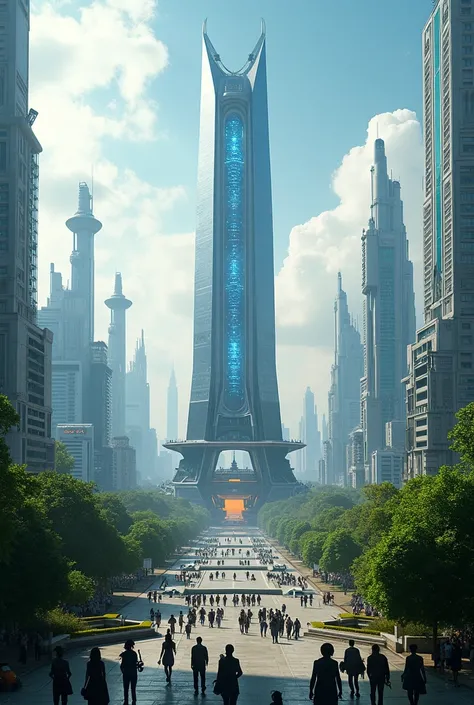 Wide shot, The city in 2024, with an image of the headquarters at the center