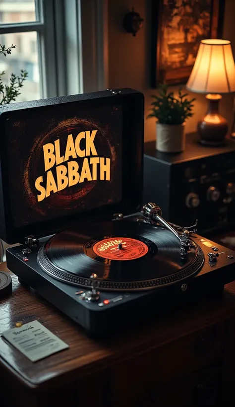 Digital painting, text "Black Sabbath" on vinyl record, played on an expensive vintage record player and vintage speakers, a beautiful set playing beautifully, nicely styled playing set, stylowed Black Mattel colors, tranzystora lamp on amplituner connecte...