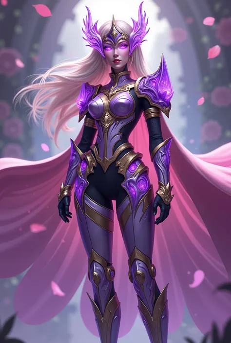 A Rosalina soldier standing confidently, wearing an elegant yet functional battle outfit. Her armor is a combination of delicate, enchanted rose petals and sleek, metallic armor. The armor is a beautiful mix of purple, rose pink, and gold, with intricate f...