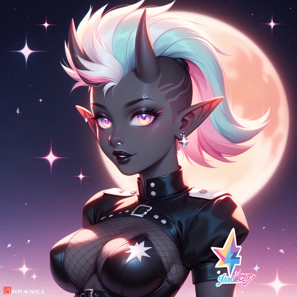 score_9, score_8_up, score_7_up, ((Masterpiece)), ((highres)), ((1person, 1girl, 1female)), Random poses, beautifully detailed succubus girl, ((pastel moon background)), white mohawk w/ponytail, defined elf ears with ear guages, defined eyes, pastel iris, ...