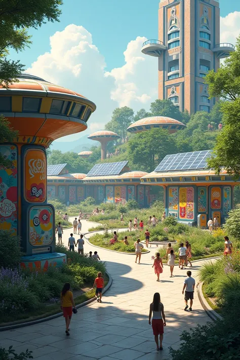  Futuristic park with solar panels,  garbage dispensers , population, artistic graffiti  