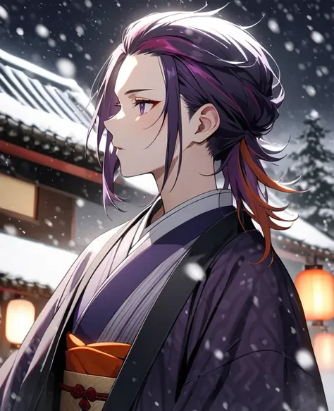 Androgynus, dark purple hair with reddish orange roots, multicolored purple japanese clothes, snowing, two-tone hair, adult, hair slicked back