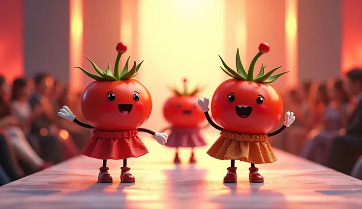 Cute cartoon  happy  face tomatoes  like  models  on ramp 