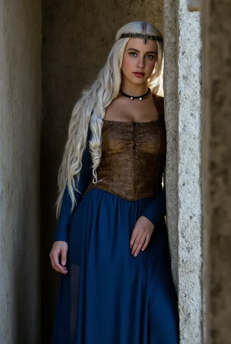 Pretty young Targaryen woman with large white hair tied in a braid over her shoulder Grande reaching her waist split in half wearing a blue long sleeve dress with medieval bodice in brown, wearing a headband with a pendant a pearl necklace , thin,  with la...