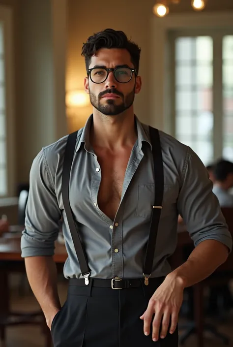 fully body, homem brasileiro charming, 1940s style, discreet gray frame glasses, gray button-down shirt unbuttoned at the neck, shirt sleeves rolled up on the arm,  (((removing loose suspenders, fallen on their side))) , dark brown leather dress shoes,  dr...