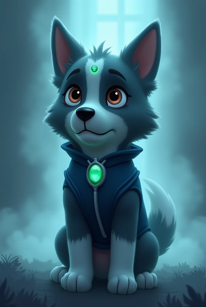 A grey border collie in paw patrol style, with indigo blue clothes, with a ghostly theme, a green pearl in the forehead, fog surrounding it. A sad theme going across. A spirit medium with a spirit necklace 