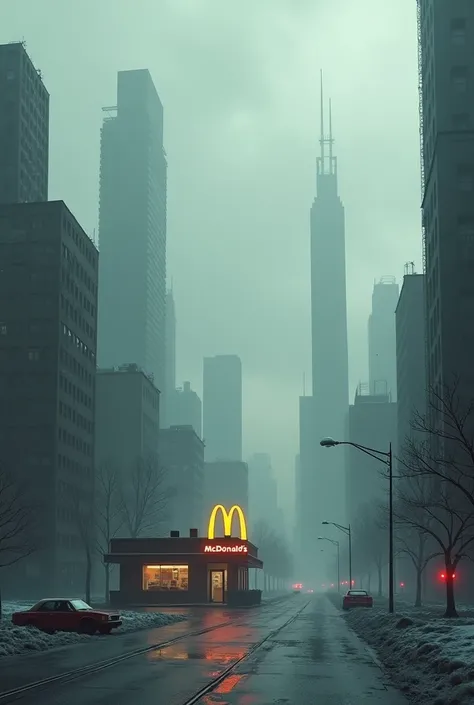 Reecrie uma imagem, Where the landscape is a McDonalds cold in the distance in a city.