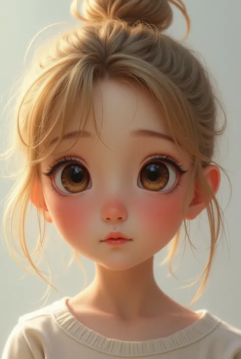 Baby girl with dark brown eyes with short blonde hair in a pony realistic 
