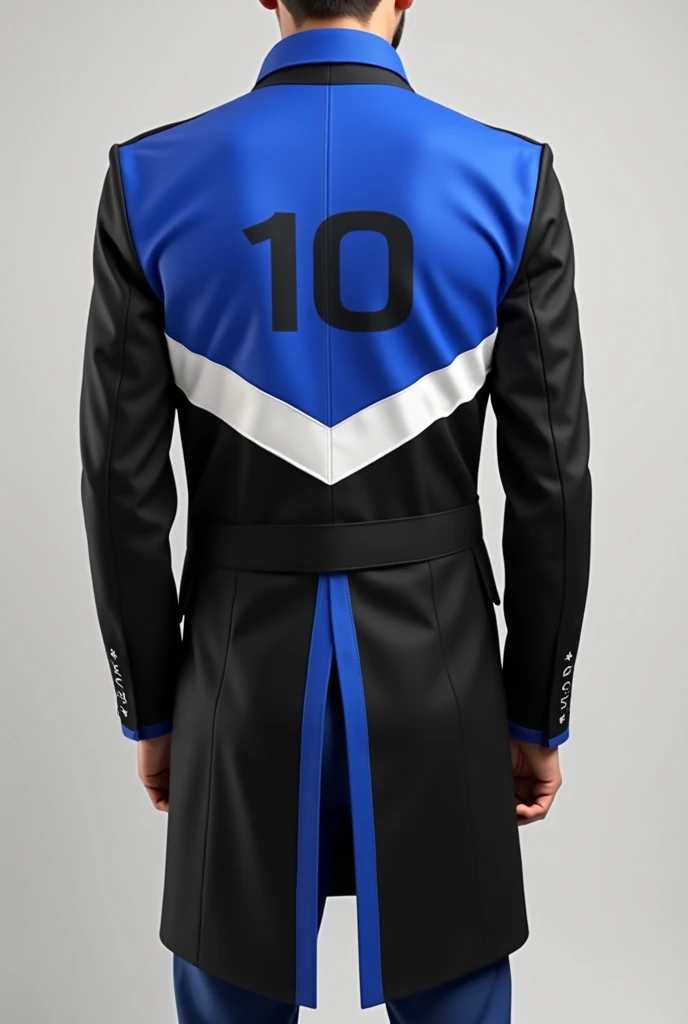  Create a mens uniform with the colors black , white and royal blue mixed ,  must contain the number 10 in the lower right corner on the front and the number 10 in the middle on the back 