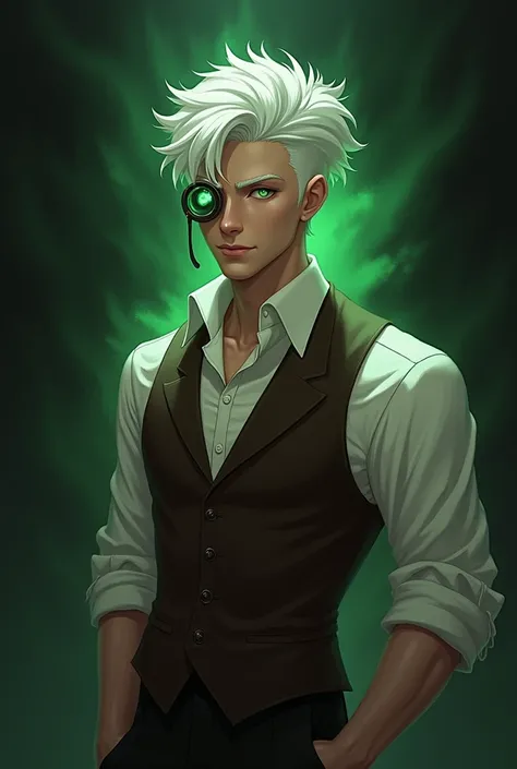 Im 19 years old .The face is handsome .  The color of the hair is white . The eyes have a green color, .  Picture a person wearing a white shirt and black pants in a brown vest and wearing a monocle with a string of glasses on the left eye.  What is she ai...