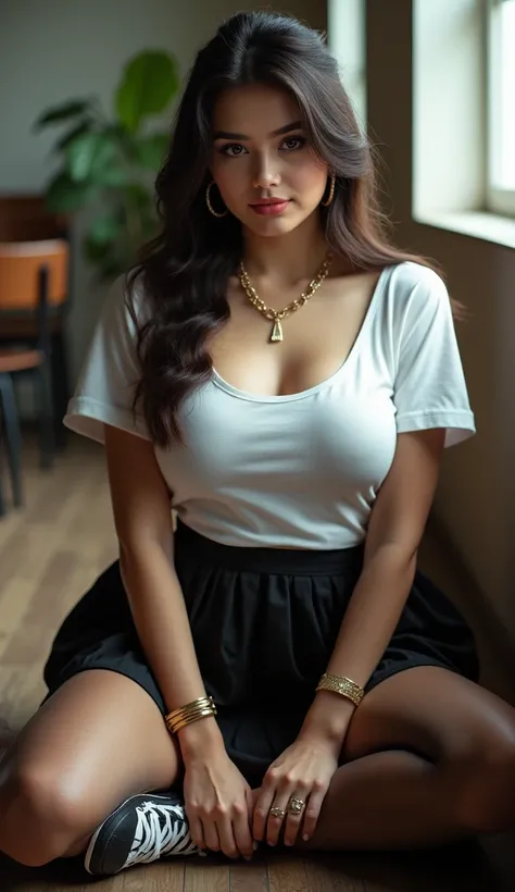 frontal, facing the camera, sitting on the floor, you can see underneath the skirt, 25 yr old girl, huge breasts, facing the camera, flower of youth, full body, round schoolgirl skirt with folded pleats, white t-shirt, SEXY, sensual, best quality, ((big bu...