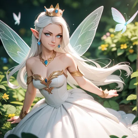 fairy, queen, princess, woman, 1woman, very beautiful, very cute, white hair, dress, white eyes, white clothes, side of good, smile, serious person, light, alone, 4k, high resolution, best quality