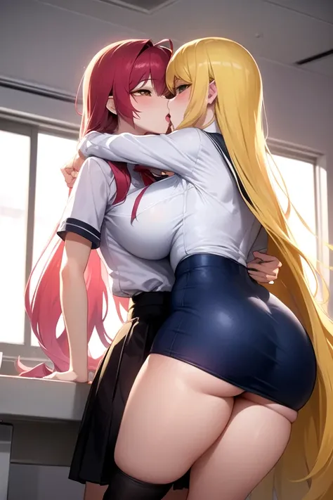 lesbian (very long loose yellow hair)( big breasts,  big thighs )(with school uniform clothes it is very tight) that he is kissing and touching his parts at school with his girlfriend(that they are in a very sexy and compromising position with their girlfr...