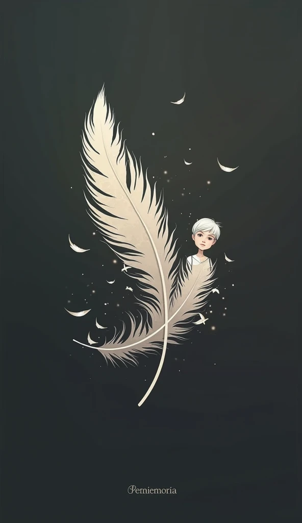 A minimal, modern, simple, cinematic logo design for the storyteller brand “Penamemoria". Create a modern, minimalistic, high-quality, logo of an original, fantasy white enigmatic, mysterious feather and a boy in a world of feathers and dreams. Make the lo...