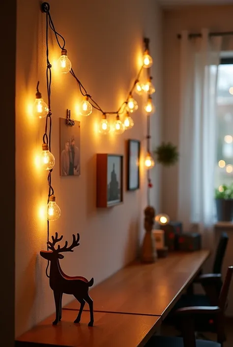 I want to decorate the Christmas office ,  on the wall I want a string that shines decorated light bulbs and also that hangs a photo of the employees,  in the corners of the rope I want to place 2 reindeer made of cardboard 