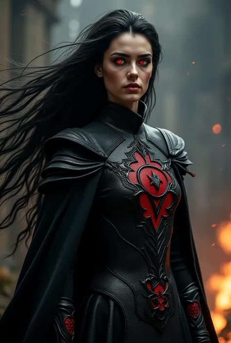 Sauron female black hair Red eyes dangerous the image comes to life of Lord of the Rings 
She wears a black uniform with a dangerously beautiful pattern driven by power and limitless beauty that shows Sauron Gross and more than just beautiful and detailed ...