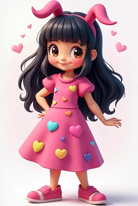  Create a black-haired mascot for me, long, With bangs on the forehead , light brown skin,  dark brown eyes,  with a pink dress with colored hearts , with pink , Full-body