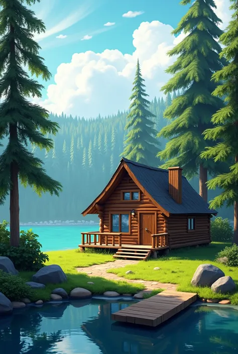 A cabin in the middle of the woods on the lake shore