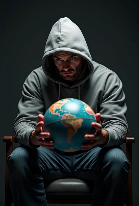 Generate a photo of a guy in a hoodie sitting in an armchair in a dark studio holding a terrestrial globe with his hands in 3d 