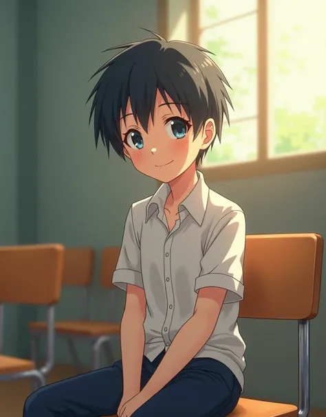 anime boy,  short hair, loving blue eyes, gentle smile,  head tilted to the side ,  school uniform, pants, Alone,  classroom, Afternoon period , window in the background,  school desks in the background , sitting, away from the audience 