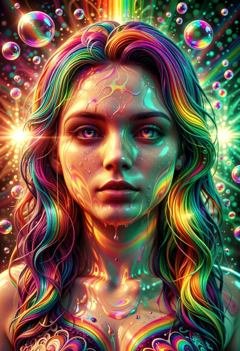 A psychedelic dream, vibrant colors shimmering, glass morphing from colors, intricate rainbow patterns, perfectly formed symmetrical spheres and glowing reflective bubbles, attention to detail on the bubbles and spheres, rainbows of color twisted in and ou...