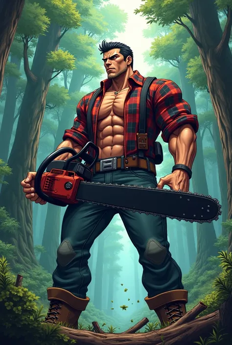 Human lumberjack black chainsaw anime face