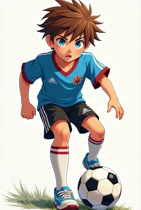 teenager with blue eyes and brown hair ,  anime style,  who wears a sports uniform and who shows a ball on his feet