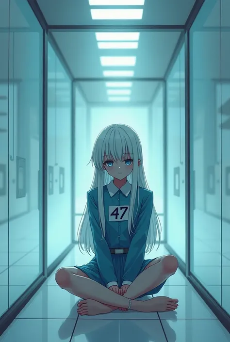  an 18-year-old girl , long platinum hair, blue eyes,  inside a large square glass cell,  wearing a blue uniform tied , Number 47 on the ,  side sitting on the floor of cell , barefoot