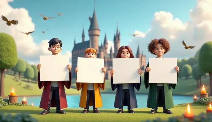 paysage dHarry Potter avec 4 personnages qui tiennent 4 panneaux blancs. style pixar 3d. 