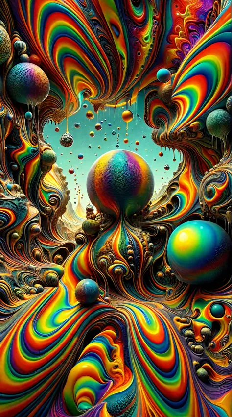 A psychedelic dream, vibrant colors shimmering, glass morphing from colors, intricate rainbow patterns, perfectly formed symmetrical spheres and glowing reflective bubbles, attention to detail on the bubbles and spheres, rainbows of color twisted in and ou...
