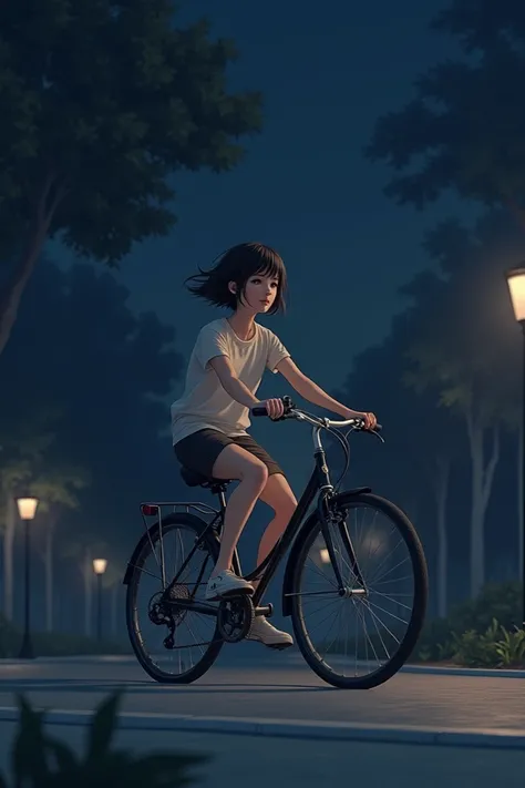 Bike a bicycle together with short hair girl in the night