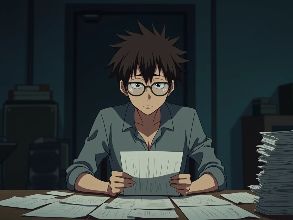 A young man,  Dark Brown Hair ,  degree glasses , thin,  sad and discouraged facial expression,  wearing a gray shirt , frustrated writer ,  sat in front of his desk crammed with scrawled sheets, at night, holding paper in your hands. anime