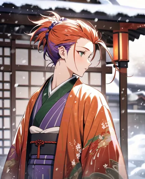 Androgynus, reddish orange hair, purple green tuft (hair), multicolored purple japanese clothes, snowing, two-tone hair, adult, hair slicked back