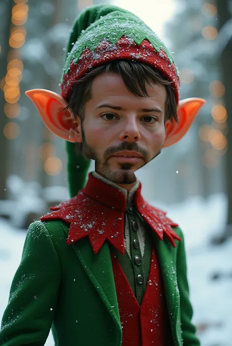 A beardless adult Christmas elf with red eyes, intricate detailed face, striking red eyes, whimsical expression, wearing a green and red suit, standing in a snowy winter forest, glowing warm lighting, cinematic composition, highly detailed, 8k, photorealis...