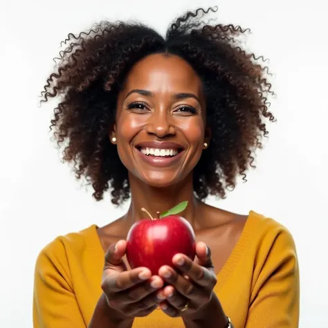  A realistic image of a mature Brazilian woman smiling while holding an apple,  journey with a motivational phrase like  "Mistakes are part of the . Keep going."  white background[