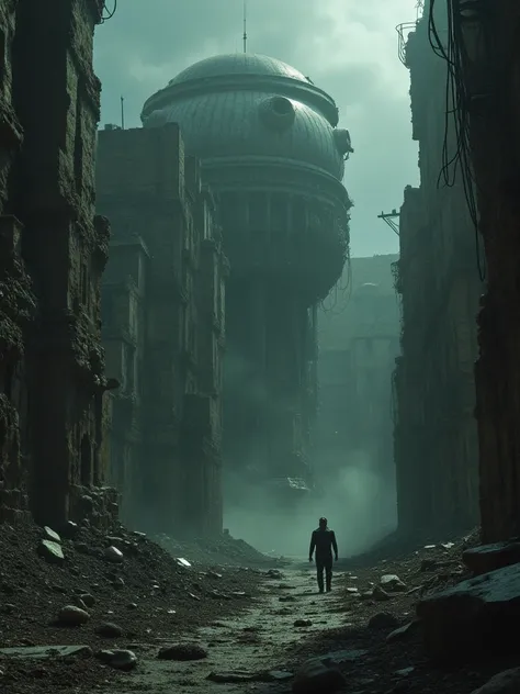 Depict a dark, grim scene in a post-apocalyptic world where the ruins of old buildings blend with mechanical structures. Everything appears alive, as though breathing through unknown mechanisms.