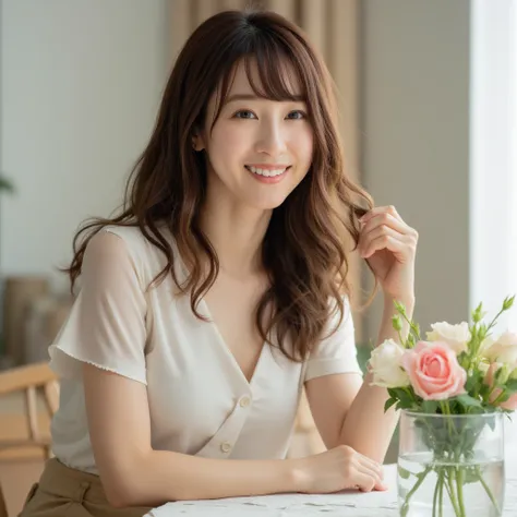 Close-up,fein-art-Portrait of an east-asian woman, wearing  a white Blause, and long beige skirt, she has wavy long hair with bangs, sitting at the table and smiling friendly, running her hand through her hair. Home, table , Chair. In Background, home inte...