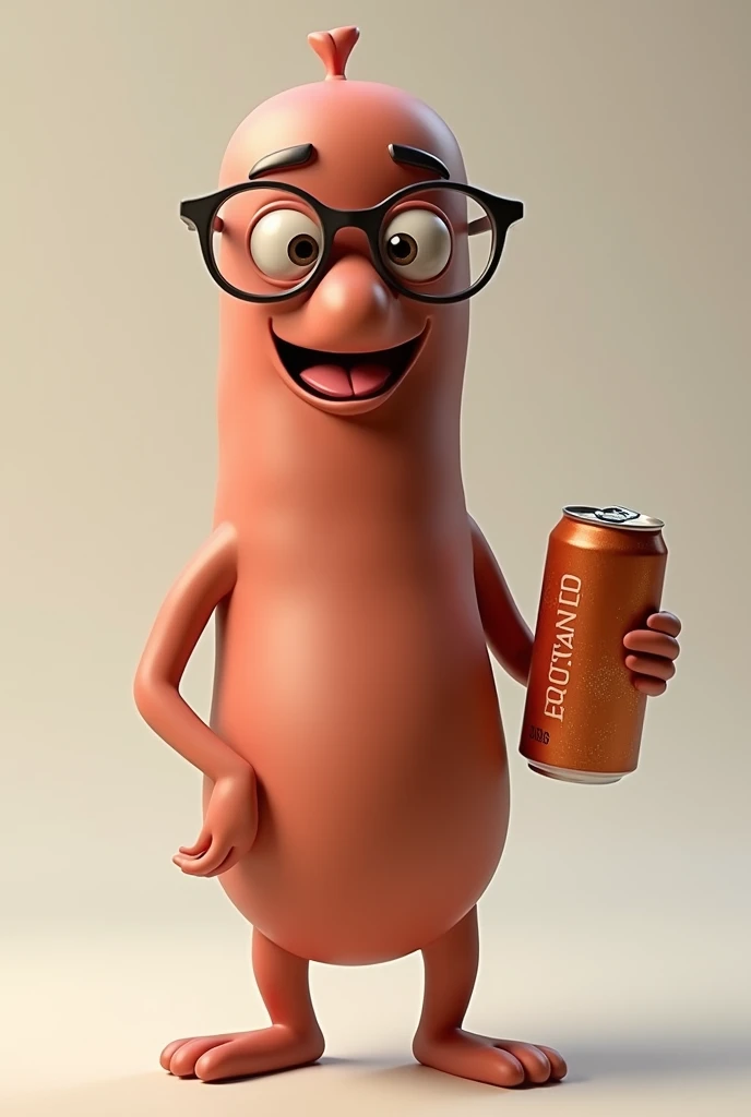 A sausage carrying a soda and wearing glasses