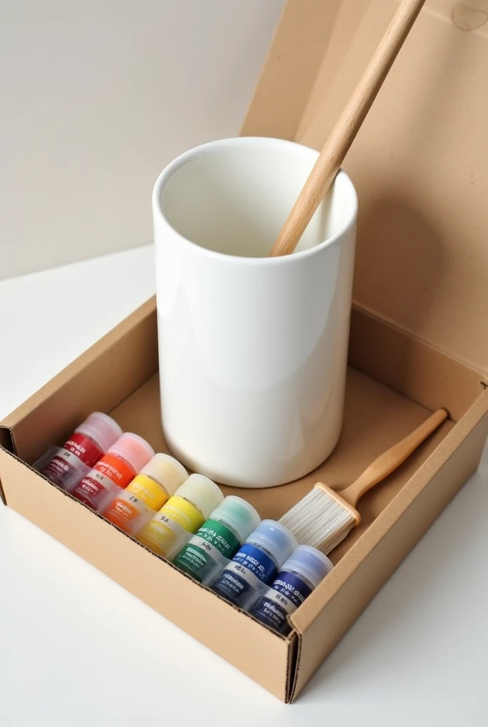 White cup for painting, with 1 brush and 6 paint colors contained in a plastic strip of 6 mini dispensing bottles, all in a cardboard box for sale 