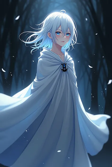 Anime boy with long white hair, white cloak, dark side