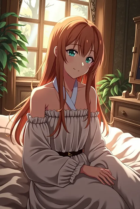 asuna, asuna_(sao), 1girl, fantasy, highres,  looking_away, looking_to_the_side,  original, realistic,   scenery,  Close-up, upper_body, smiling, action pose,on_bed,