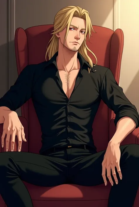  anime style . Tall man, Delicate. long wavy blond hair combed back. stubble.  He is wearing a black dress shirt with the first buttons open and with the sleeves folded up to the elbows, black pants and black vest . He is seated in an armchair and one of h...