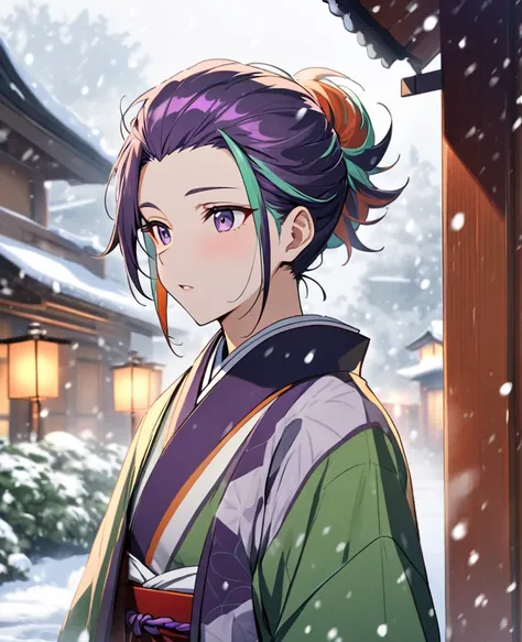 Androgynus, purple green hair, reddish orange tuft hair, multicolored purple japanese clothes, snowing, two-tone hair, adult, hair slicked back