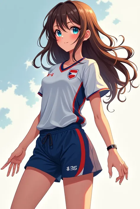 teenager with blue eyes and brown hair ,  anime style, That she wears a sports uniform and that she looks FULL BODY SHE IS A KOREAN-DUTCH GIRL IS ANIMEEEE STYLE