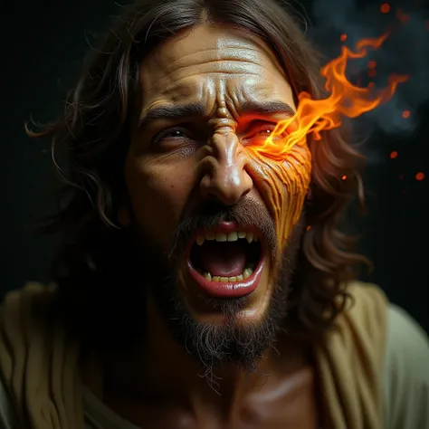 close shot shouting face figure of hot melting wax jesus Christ shouting in agony , candled with flame from eyes   