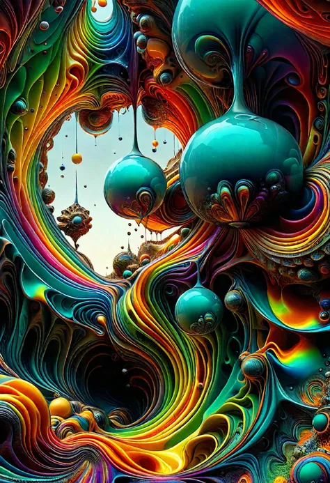 A psychedelic dream, vibrant colors shimmering, glass morphing from colors, intricate rainbow patterns, perfectly formed symmetrical spheres and glowing reflective bubbles, attention to detail on the bubbles and spheres, rainbows of color twisted in and ou...