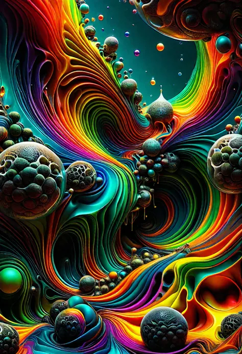 A psychedelic dream, vibrant colors shimmering, glass morphing from colors, intricate rainbow patterns, perfectly formed symmetrical spheres and glowing reflective bubbles, attention to detail on the bubbles and spheres, rainbows of color twisted in and ou...